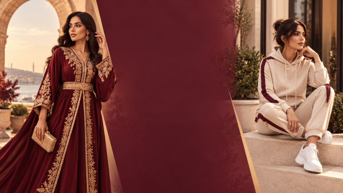 A split lifestyle image showing two women in coordinated outfits. On the left, a woman stands in an outdoor setting wearing a long burgundy dress with ornate gold embroidery.